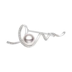 Material: 18K white gold, Akoya Pearl, and diamond Akoya saltwater cultured pearl Size of pearl: around 8.5-9.0 mm Overall Dimensions: about 45 mm Weight of Diamonds: 49 diamonds approx. 0.208 carats Handpicked of every pearl, only the top 1% of pearls are selected Handcrafted Lifetime warranty Elegant Diamond White Brooches For Formal Occasions, Elegant Platinum Brooches With Diamond Accents, Elegant Silver Diamond Brooch, Elegant Platinum Brooches For Gift, Elegant Round Brooches With Diamond Accents, Formal White Gold Brooches With Diamond Accents, Elegant White Gold Brooches For Evening, Elegant White Gold Evening Brooches, Elegant Diamond White Brooch For Gift