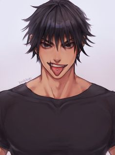 an anime guy with black hair wearing a black t - shirt and smiling at the camera