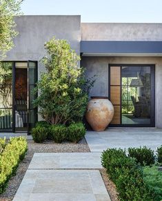 the front entrance to a modern home with large potted planters and trees on either side