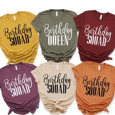 "Birthday Shirts - Group Birthday Shirts - Birthday Squad- Birthday Queen - Birthday Girl - Group Trip Shirts - Custom Birthday Shirts - Love THIS LISTING IS FOR ONE SHIRT 1. Chose size and color of shirt - add to cart 2. Under Personalization - add the correct wording to go on Shirt _ You may add custom wording if you would like 3. Go back choose more sizes/colors as needed If you have any questions, feel free to ask. Adult Unisex Triblend short sleeved Crew Neck. 50% Poly 25% Combed Ring-Spun