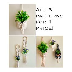 four different pictures with plants hanging from hooks and the words, all 3 patterns for 1 price