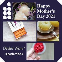 an advertisement for mother's day with pictures of different foods and desserts on it