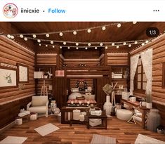 an image of a living room with wood paneling and string lights on the ceiling