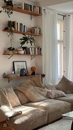 a living room filled with lots of furniture and bookshelves next to a window