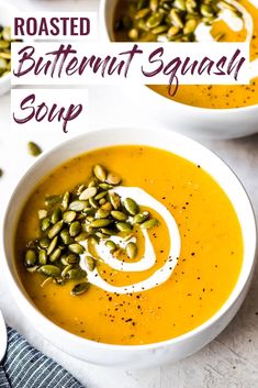 two bowls of roasted butternut squash soup