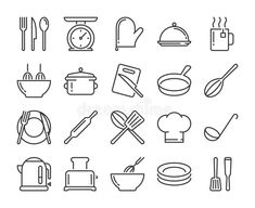 20 Culinary icons. Kitchen and Cooking line icon set. Vector illustration. stock illustration Cooking Tools Illustration, Cafe Icon, Cooking Icon, Coffee Project, Kitchen Icon, Architecture Icons, Bulletin Journal Ideas, Design On A Budget, Recipes Book