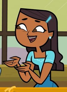 a cartoon girl holding a piece of food in her hands