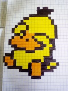 a piece of art made to look like an image of a duck with yellow and black squares