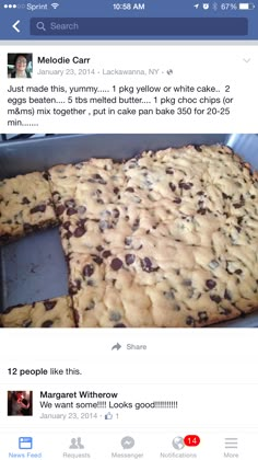 a facebook post with an image of a cookie cake on it's left side