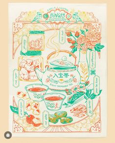 a tea towel with an image of various items on it and the words,'chinese tea