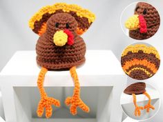 a crocheted turkey hat is shown with instructions to make it look like a turkey