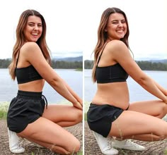 two beautiful young women sitting next to each other in front of a body of water