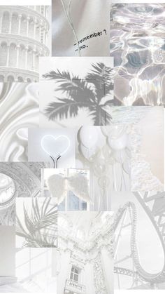 the collage is filled with many different things in white and grey colors, including balloons