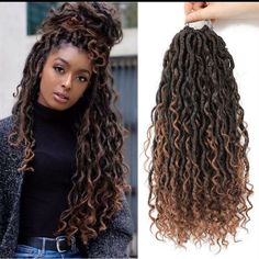 CARACTERÍSTICAS  Dreads elegantes e modernos - diversas cores- a pronta entrega  Cabelo Faux Locs - Dread moderno com pontas cacheadas   Ele é perfeito para quem ama mudar o visual  e chegar chegando!   Nossos envios são no dia seguinte da compra, temos a pronta entrega, comprou chegou!  Tenha essa experiência incrível usando nossos cabelos, mude sua auto estima em segundos!​  - Fibra: Sintética - macia - leve - volumoso - Cacheado nas pontas  - Pode lavar com shampoo e condicionador e passar cremes de sua preferencia  - Comprimento: 65 Cm - 300 gramas - Método de Colocação: Crochet Braid  1 pacote faz a cabeça, para quem desejar muito volume indicamos 2 pacotes  Enviamos no dia seguinte da sua compra Black Blonde Ombre, Crochet Goddess Faux Locs, Wavy Faux Locs, Crochet Hair Curly, Hair Color Ombre, Goddess Faux Locs, Blonde Box Braids, Cool Braid Hairstyles