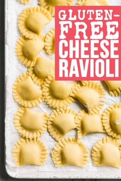 gluten - free cheese ravioli on a baking sheet with text overlay