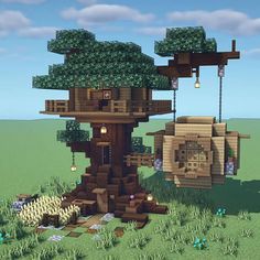 the tree house is made out of wood and has several trees growing on top of it