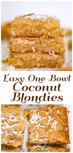 easy one bowl coconut blondies recipe with text overlay