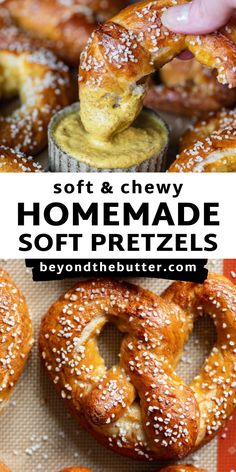 homemade soft pretzels on a baking sheet with the title overlay reading homemade soft pretzels