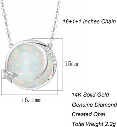 [MATERIALS]: Made with 14k solid white gold and set with genuine white round diamond stones. Made to last a lifetime, strong and durable! All the metals we use are lead free, nickel free and hypoallergenic. [MEANING]: Celestial theme coin design with most loved moon and stars, overlayed with a created white opal disc base brings this star necklace to a next level that would impress everyone at a glance. [MEASUREMENTS]: Disc pendant measures 16.5 X 15 X 3MM. Total Carat Weight: 8 pcs 1mm white di White Crescent Diamond Jewelry, Silver Diamond Moon-shaped Jewelry, Silver Moon Shaped Diamond Jewelry, Silver Moon-shaped Diamond Jewelry, Silver Moon Necklace With Diamond Accents, White Diamond Celestial Jewelry, Celestial White Diamond Jewelry, White Celestial Diamond Jewelry, Diamond White Round Celestial Necklace