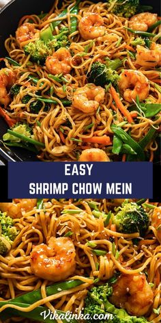 shrimp chow mein with broccoli and noodles in a skillet