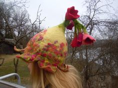 Beautiful bell shaped hat with pink and purple flowers. Unique hat in which you will feel amazingly good. It is from natural material and created with love. Warmth, coziness, pleasure and festive feeling will embrace you. Good mood is guaranteed. A good gift for a good person. This hat is made of 100% wool using wet felting technique. Its made by my hands in my small home studio. Materials: New Zealand sheep wool 100% Hats can be ordered in any colors and sizes. If you want the hat just like in Whimsical Spring Hats For Gifts, Whimsical Spring Hats For Gift, Whimsical Spring Hats As Gifts, Whimsical Adjustable Flower Costume Hats And Headpieces, Whimsical Pink Flower Hat, Whimsical Multicolor Hats For Gifts, Whimsical Wide Brim Hat For Gifts, Whimsical Beanie For Festivals, Whimsical Spring Hats