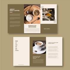 a coffee shop tri fold brochure is shown with two cups of coffee and spoons