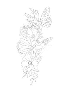 a line drawing of butterflies and flowers