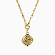 14K Yellow Gold Cross Pendant Chain Necklace Gold Medallion Jewelry With Cable Chain, Yellow Gold Pendant Chain Jewelry, Gold Amulet Jewelry With Polished Finish, Timeless Yellow Gold Clavicle Chain Necklace, Gold Medallion Charm Necklace With Cable Chain, Link Jewelry With Polished Finish As Gift, 14k Gold Medallion Cable Chain Jewelry, 14k Gold Medallion With Cable Chain, Polished Finish Link Jewelry For Gifts