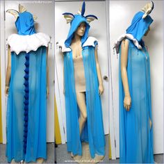 two pictures of a mannequin dressed in blue and wearing a costume with horns