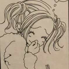 a drawing of a girl talking on the phone with her hair blowing in the wind