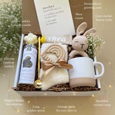 the contents of a gift box for someone's special occasion, including coffee and marshmallows