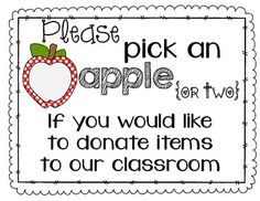 a sign that says please pick an apple for two if you would like to donate items to our classroom