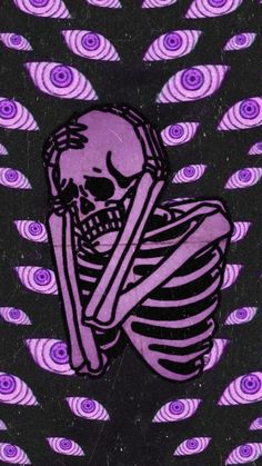 a purple and black drawing of a skeleton