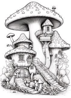 a drawing of a mushroom house with stairs leading up to it