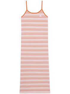 pink/multicolour cotton blend horizontal stripe pattern bear appliqué at the chest spaghetti straps sleeveless slip-on style shift style mid-length straight hem Pink Vertical Stripe Summer Dress, Pink Vertical Striped Summer Dress, Sleeveless Vertical Striped Summer Dresses, Trendy Striped Cotton Dresses, Casual Loungewear Dress With Adjustable Straps, Summer Striped Dress With Adjustable Straps, Spring Striped Loungewear Dress, Striped Spring Dress With Spaghetti Straps, Casual Sleeveless Dress With Vertical Stripes