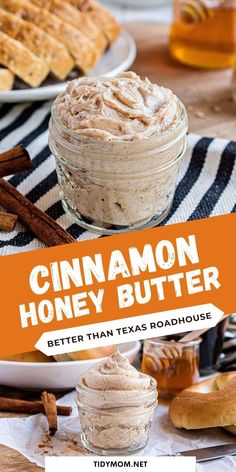 cinnamon honey butter in a small glass jar on a table with other food and utensils