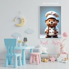 a teddy bear dressed as a chef standing next to a table and chairs in a children's room