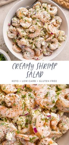 shrimp salad in a white bowl with the title text overlay reads creamy shrimp salad keto - low carb - gluen free