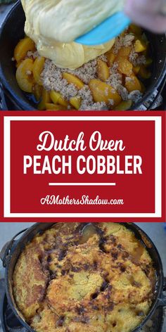 dutch oven peach cobbler with ice cream on top and in a cast iron skillet