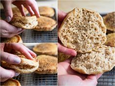 the process of making biscuits is shown in three different pictures, including one being cut