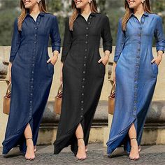 Trendy Fashion Plus Size Ladies Kaftan Womens Casual Blouson Long Sleeve Maxi Denim Shirt Dress, Dresses Long Denim Dress, Long Sleeve Denim Dress, Button Maxi Dress, Midi Dress Plus Size, Denim Outfits, Denim Maxi Dress, Denim On Denim, Casual Chique, Collared Shirt Dress