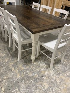 Modern Farmhouse Table, With Chairs, Dark Walnut Stained Top, Antique White Base, Dining, and Kitchen Table, Turned Legs - Etsy Painted Kitchen Table, Distressed Table Top, Turned Leg Table, Country Kitchen Table, Madrid Style, Country Kitchen Tables, Turned Table Legs, Painted Kitchen Tables, Farmhouse Table Setting