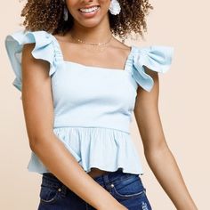 Nwt Francesca’s Bow Back Peplum Top Size: L Color: Baby Blue Open Back, Ties Into Bow Material: 95% Cotton, 5% Spandex, 100% Rayon Lining Stretchy Nwt Approximate Measurements Taken Flat: Waist: 14.25” Length: 14” Bust: 15.75 Cute Fitted Ruffle Tops, Fitted Ruffle Top For Brunch, Light Blue Top For Spring Day Out, Light Blue Tops For Spring Day Out, Chic Blue Summer Top, Cute Fitted Blouse For Brunch, Light Blue Fitted Summer Tops, Light Blue Sleeveless Top For Brunch, Sleeveless Light Blue Tops For Brunch