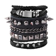 PRICES MAY VARY. 1. 3 Pcs Punk and Gothic Leather Bracelets you will get: A Cool Hollow Bracelet with Chain and Spikes + A Cool Punk Bracelet with Board + An Attractive Punk Leather Bracelet with little Spkes 2. Punk and Gothic Style Bracelets: These bracelets are designed as punk and gothic jewlery accessories, therefore, you can not only match them with your daily casual dressing, but you can also dress them as punk and gothic outfits. 3. Adjustable Buckle: To convinence our customers, these b Punk Clothes Men, Vintage Chain, Wide Bracelet, Punk Outfits, Lady Biker, Leather Cuffs Bracelet, Cute Rings, Leather Cuffs, Grunge Outfits