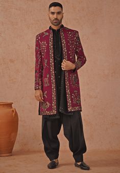 Wine Indo Western Sherwani Set With Dupatta Kalpraag - Fabilicious Fashion Designer Silk Sherwani With Traditional Drape, Designer Sherwani With Intricate Embroidery And Straight Kurta, Silk Sherwani With Zari Work And Traditional Drape, Designer Silk Bandhgala With Traditional Drape, Ceremonial Silk Bandhgala With Zari Work, Silk Bandhgala With Traditional Drape For Formal Occasions, Transitional Silk Sherwani With Dabka Work, Semi-stitched Silk Sherwani With Resham Embroidery, Formal Silk Bandhgala With Traditional Drape