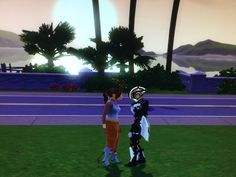 two people standing in the grass with palm trees in the back ground and an alien like creature behind them