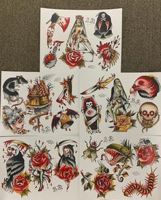 four sheets of tattoos with different designs and symbols on them, all in white paper