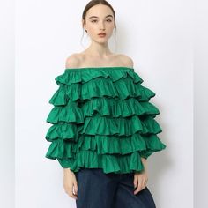 Nwt Merlette Galapagos Ruffled Blouse In Malachite. Soft Cotton With Oversized Fit. Off-shoulder Ruffled Tops For Brunch, Off-shoulder Ruffle Blouse For Brunch, Spring Voluminous Ruffled Blouse, Chic Green Off-shoulder Blouse, Voluminous Long Sleeve Tops For Spring, Elegant Voluminous Tops With Ruffles, Elegant Voluminous Ruffled Tops, Summer Tops With Ruffles, Summer Tops With Voluminous Ruffles