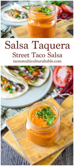 Salsa Taquera (Street Taco Salsa) in a jar with tacos, chiles, and tomatoes in the background. Street Taco Salsa Recipe, Street Taco Salsa, Hot Salsa Recipes, Taco Salsa, Recipe For Salsa, Taco Sauce Recipes, Street Taco