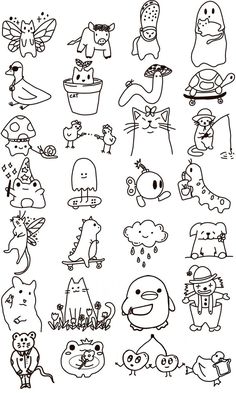 an image of cartoon animals with different faces and body parts in black ink on white paper